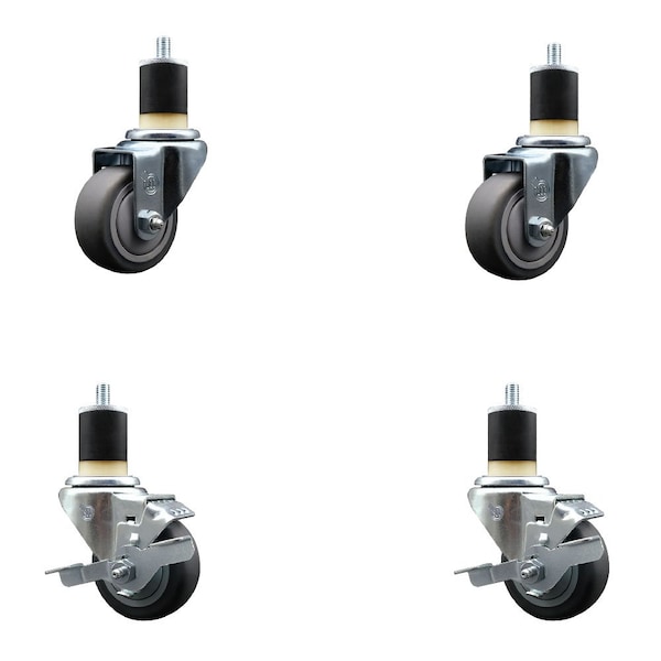 3'' Thermoplastic Rubber Wheel Swivel 1-7/8'' Expanding Stem Caster Set 2 Brakes, 4PK